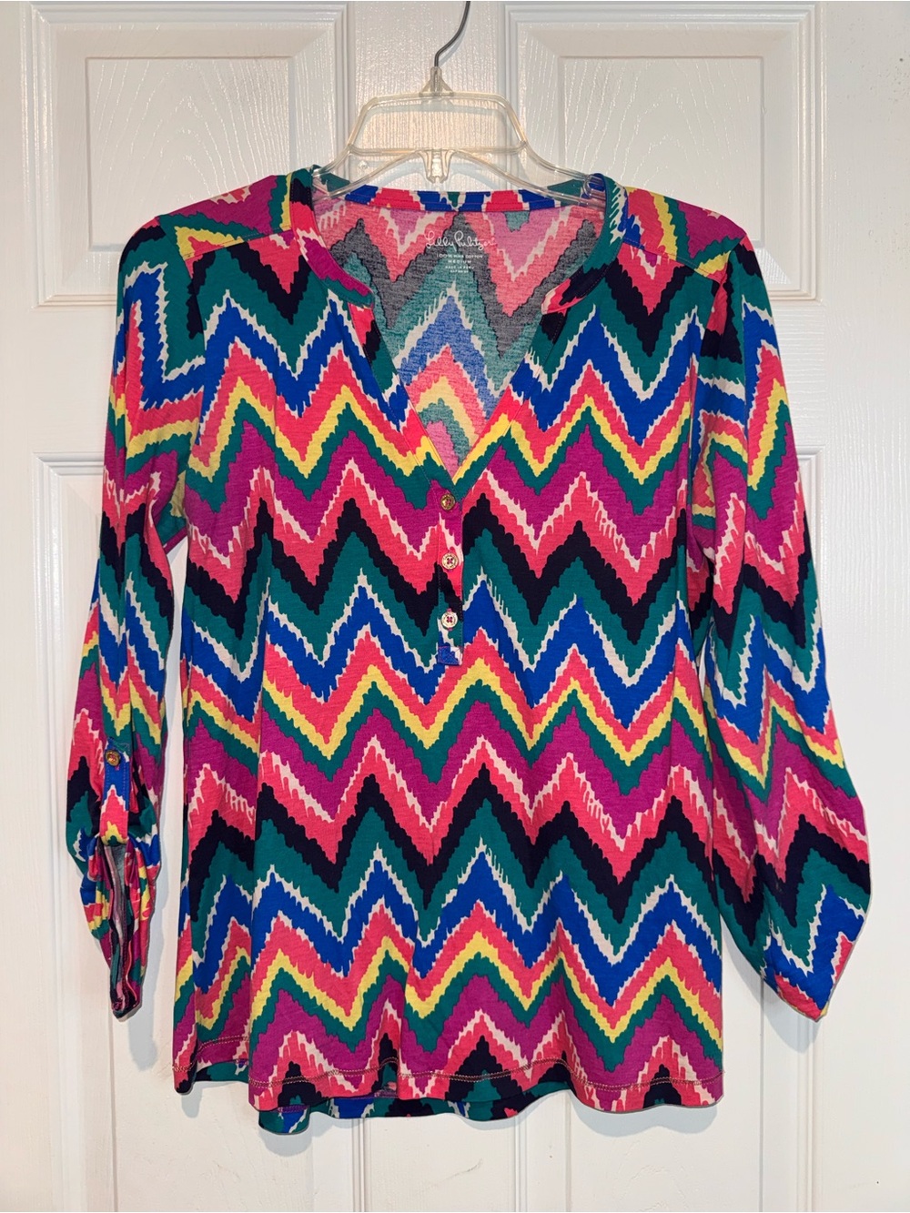 Lilly Pulitzer Multicolor Chevron Henley Tunic - Pink Blue Green Yellow. Size M